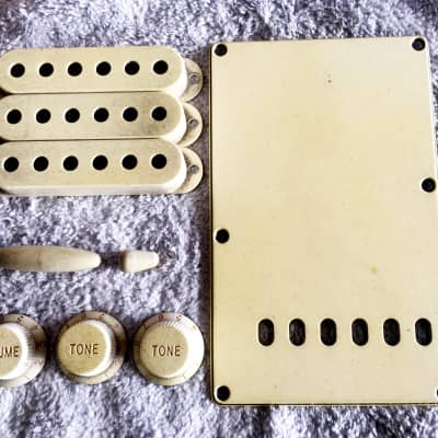 Real Life Relics Aged White Accessory Kit For Fender® Stratocaster® Back Plate, Knobs, Pickup Covers, Switch Tip    [DU1],