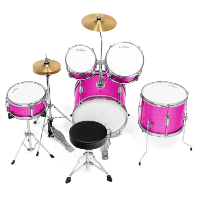 5-Piece Complete Junior Drum Set With Genuine Brass Cymbals - Advanced Beginner Kit With 16" Bass, Adjustable Throne, Cymbals, Hi-Hats, Pedals & Drumsticks - Pink image 3