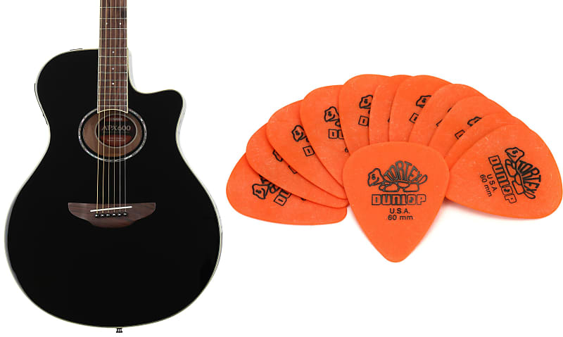 Yamaha APX600 Thin-line Cutaway - Black  Bundle with Dunlop Tortex Standard Guitar Picks - .60mm Orange (12-pack) image 1