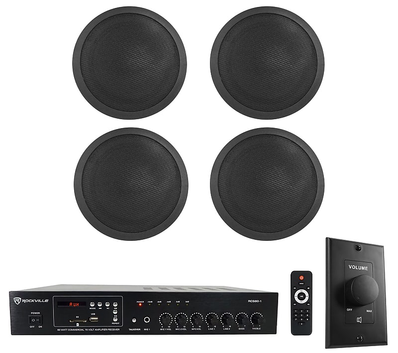 Rockville Commercial Restaurant Amp+(4) 6&quot; Black Ceiling Speakers+Wall Control  			