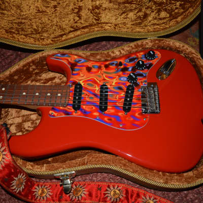 A firery Fender Player Stratocaster in Red w/New Flame Pickguard, New Dunlop Straploks, New Case, & New Set-Up! image 1