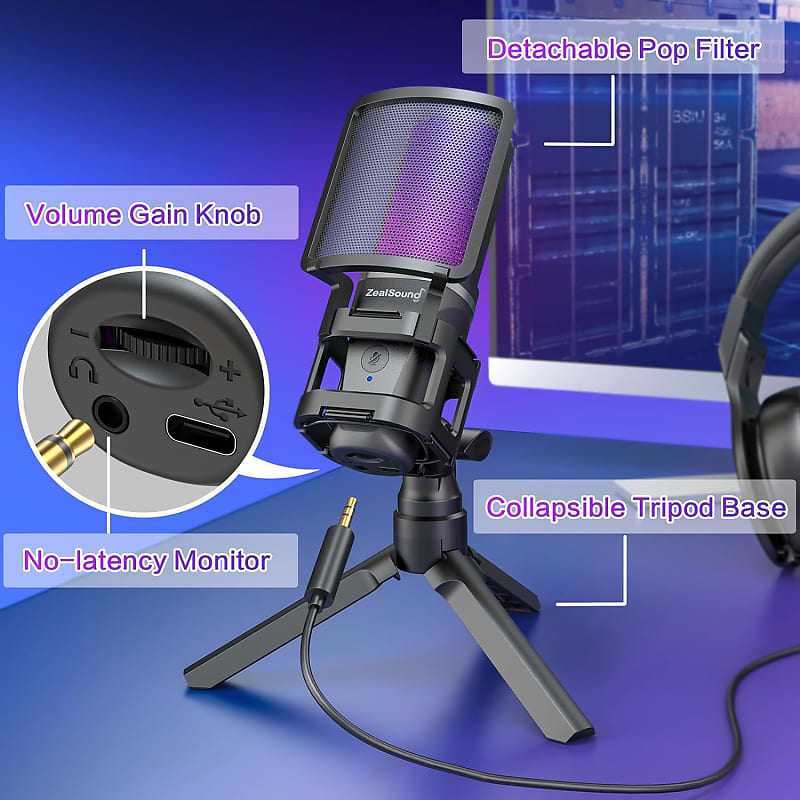ZealSound A68 USB Condenser Gaming Microphone with RGB Lighting - Plug and  Play for PC, PS4&5, , Phone - Perfect for , Skype, Discord, Zoom Recording  - Type-C Adapter Included - Mute