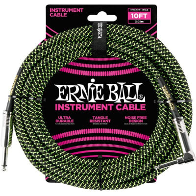 Ernie Ball 6077 Braided Instrument Cable, 10ft/3m, Black/Green for sale