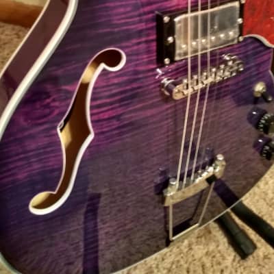 Grote Purple Flame Top Maple semi hollow body guitar with padded gig bag image 4