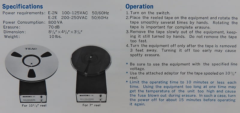 Vintage Teac E-2 Bulk Tape Eraser For 1/4 Reel To Reel Tapes w/ Box &  Manual