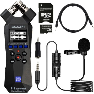 Zoom H1essential 2-Track 32-Bit Float Portable Audio Recorder + Professional Lavalier Condenser Microphone + Pig Hog TRS(F) - 3.5mm(M) Stereo Adapter + Pig Hog 3.5mm TRS to 3.5mm TRS Adapter Cable + 16GB Transcend microSD Card + Panasonic "AAA" Battery image 1