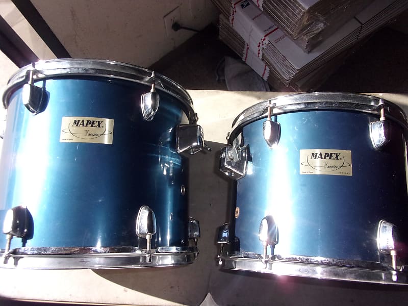Lot of 2 Mapex V Series Hanging Toms 13" x 10" + 12" x 9" light blue with mounts Has double badges image 1