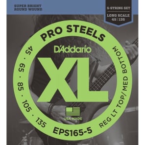 D'Addario EPS165-5 5-String ProSteels Bass Guitar Strings Custom Light 45-135 Long Scale