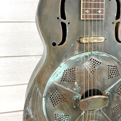 Royall FB Blues Hound Distressed Relic Brass Finish 14 Fret Single Cone Resonator With Pickup image 2