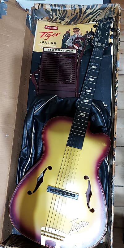 Vintage 1970's Emenee Tiger Electric Guitar, Amp, Gig Bag And Case image 1