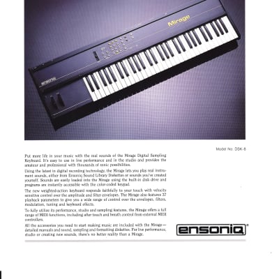 Ensoniq- Mirage, cut-sheet, 1985