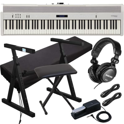 Roland FP-60 Piano (White) - DP-10 Pedal (Included), Knox Heavy Duty Stand, Bench, Tascam TH02, Dust Cover, (2) 1/4 Cables Bundle image 1
