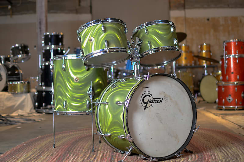 Immagine 1960s Gretsch "Rock 'n Roll" Olive Satin Flame Drum Kit - 1