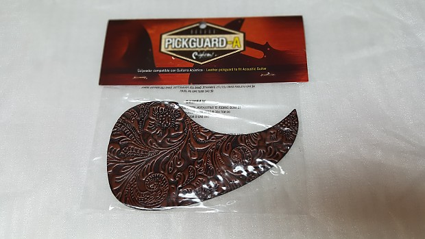 Leather Pickguard for Acoustic Guitars, floral style design, brown Woody finish image 1