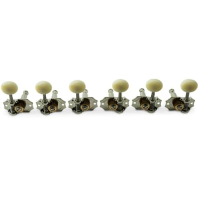 Kluson 3 Per Side Prestige Series Vertical Mount Open Bronze Gear Tuning Machines Nickel With Parchment Plastic Button
