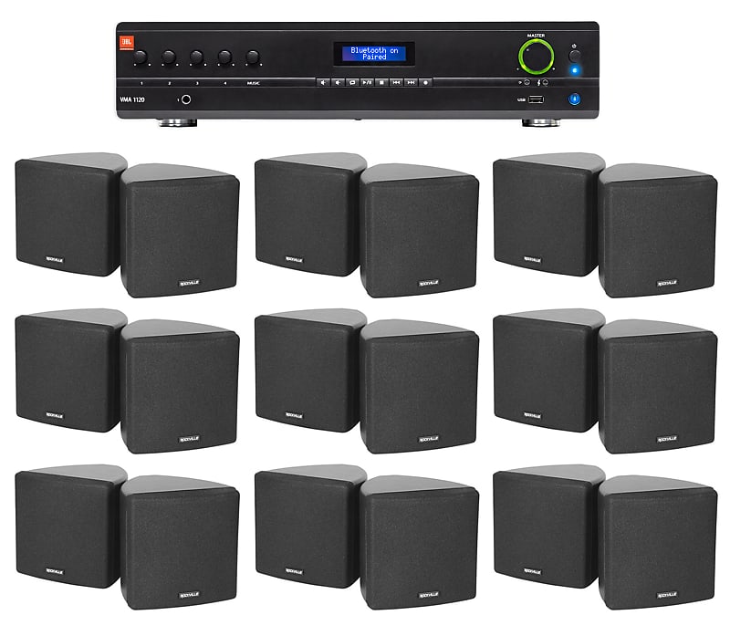 JBL Commercial Amplifier+(18) 3.5&quot; Black Cube Speakers for Restaurant/Bar/Cafe  			