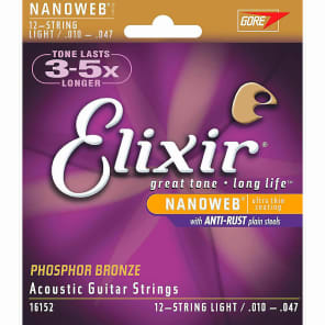 Elixir 16152 Nanoweb Phosphor Bronze 12 String Acoustic Guitar Strings - Light (12-53)