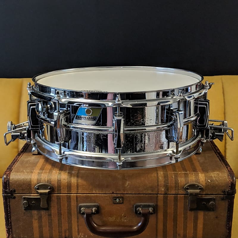 Ludwig No. 410 Super-Sensitive 5x14" Aluminum Snare Drum with Pointed Blue/Olive Badge 1969 - 1979 image 2
