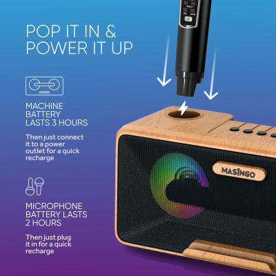 MASINGO Karaoke Machine for Adults and Kids with 2 UHF Wireless Microphones, Portable Bluetooth Singing Speaker, Colorful LED Lights, PA System, Lyrics Display Holder & TV Cable - Presto G2 Wood image 5