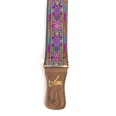 Handmade Colorful Psychedelic Hemp Guitar - Bass Strap with Antique Brass Details and Brown Vegan Leather by VTAR 60s 70s Style - Purple Haze image 3