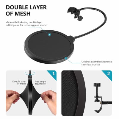 Professional Microphone Pop Filter Shield Compatible With Blue Yeti And Any Other Microphone, Dual Layered Wind Pop Screen With A Flexible 360 Degree Gooseneck Clip Stabilizing Arm image 3