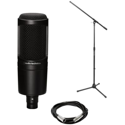 Audio-Technica AT2020 Studio Condenser Microphone, Black, with Tripod Boom Stand and Mic Cable