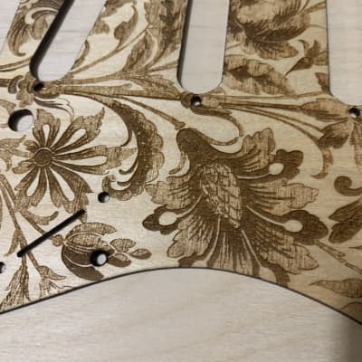 US made antique flower floral satin lacquered laser engraved wood pickguard for Stratocaster image 3
