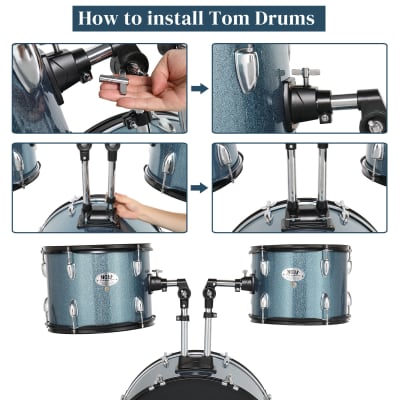 MCH Full Size Adult Drum Set 5-Piece Black with Bass Drum, two Tom Drum, Snare Drum, Floor Tom, 16" Ride Cymbal, 14" Hi-hat Cymbals, Stool, Drum Pedal, Sticks 2020s image 4