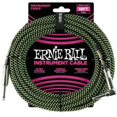 Ernie Ball 18ft Braided Instrument Cable Lead - Black/Green for sale