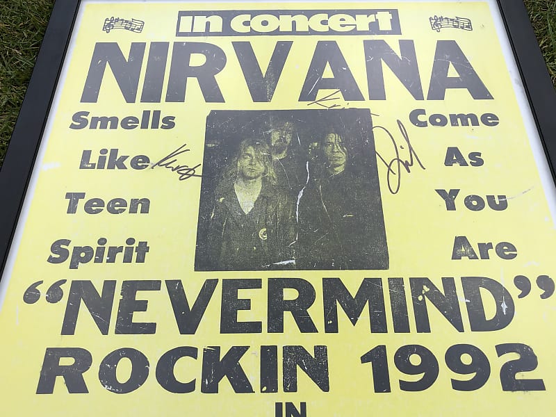 Nirvana SIGNED Nevermind Rockin 1992 Cardboard Poster - Kurt Cobain, Krist  Novoselic, Dave Grohl COA