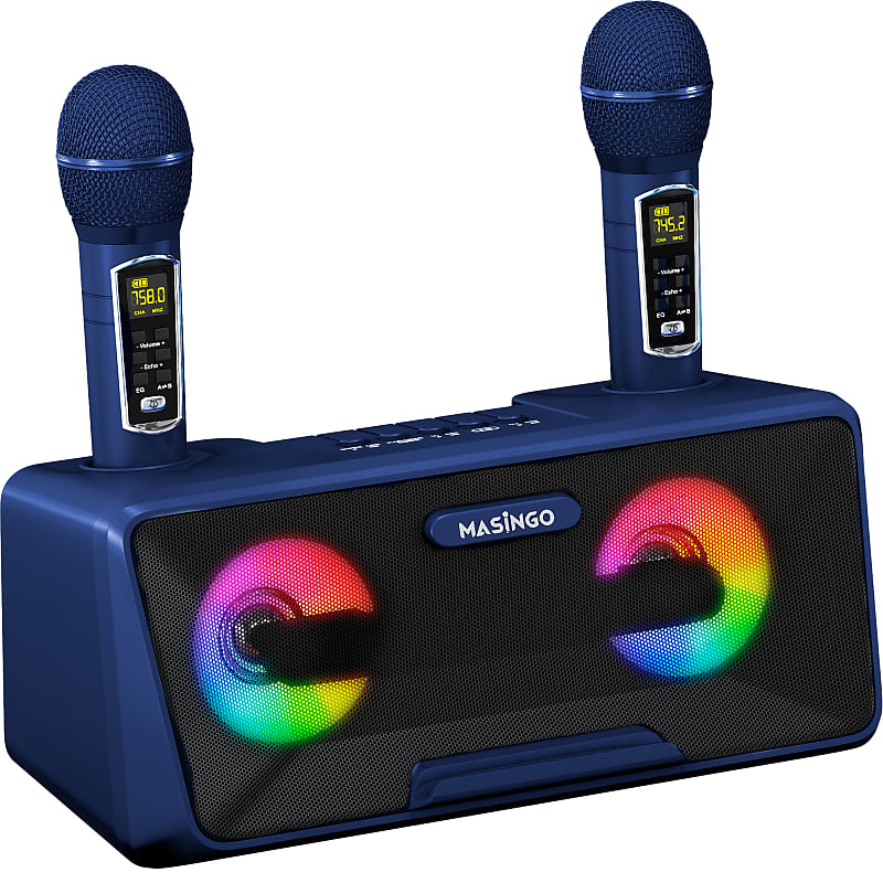 MASINGO Karaoke Machine for Adults and Kids with 2 UHF Wireless Microphones, Portable Bluetooth Singing Speaker, Colorful LED Lights, PA System, Lyrics Display Holder & TV Cable - Presto G2 Blue image 1