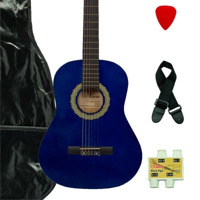 De Rosa DKF36-BU Kids Classical Guitar Outfit Blue w/Gig Bag, Strings, Pick, Pitch Pipe & Strap for sale