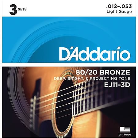D'Addario EJ11-3D 12-53 Light, 80/20 Bronze Acoustic Guitar Strings 3-Pack