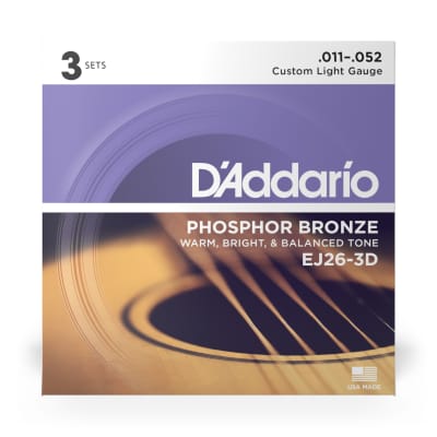 D'Addario Phosphor Bronze Strings, 11-52 Custom Light, EJ26 (3 Sets) for sale