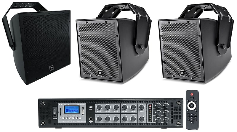 (2) JBL AWC62-BK 6.5&quot; Black Indoor/Outdoor 70V Commercial Speakers+15&quot; Sub+Amp  			