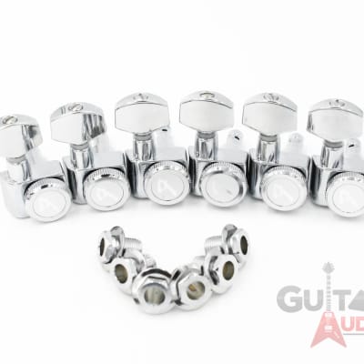 Genuine Fender CHROME LOCKING Tuners 6-InLine 2-pin Strat/Tele F Logo Machines image 2