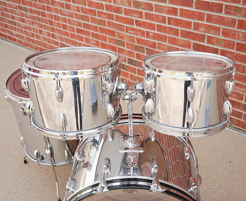 Vintage 70s Slingerland 4 Piece Drum Kit, chrome over wood