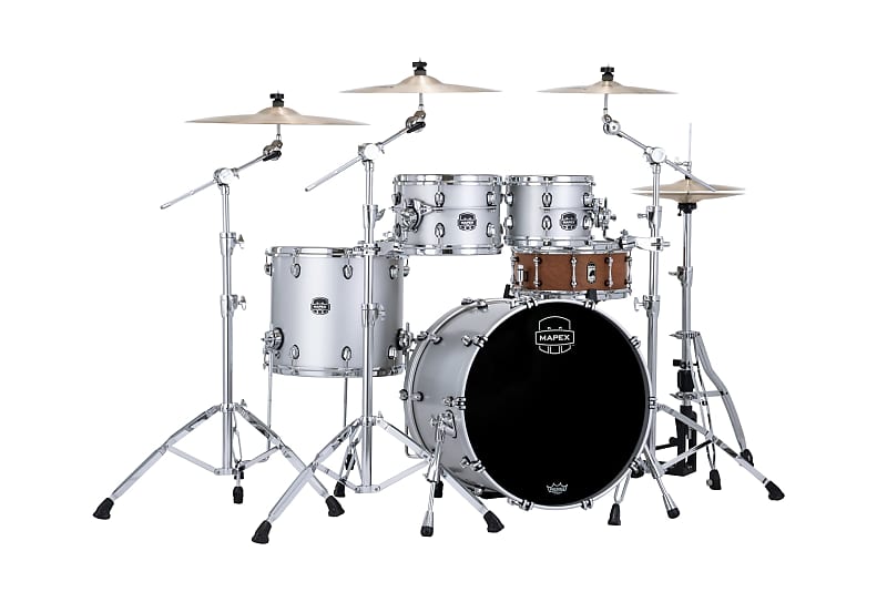 MAPEX SATURN EVOLUTION CLASSIC MAPLE 4-PIECE SHELL PACK - HALO MOUNTING SYSTEM - MAPLE AND WALNUT HYBRID SHELL - FINISH: Iridium Silver Lacquer (PD)  HARDWARE: Chrome Hardware (C) image 1