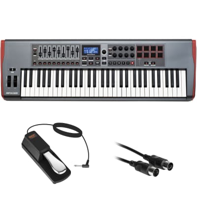Novation Impulse 61 USB-MIDI Keyboard Controller, 61 Keys Bundle with Auray FP-P1L Sustain Pedal and 10' MIDI-MIDI Cable