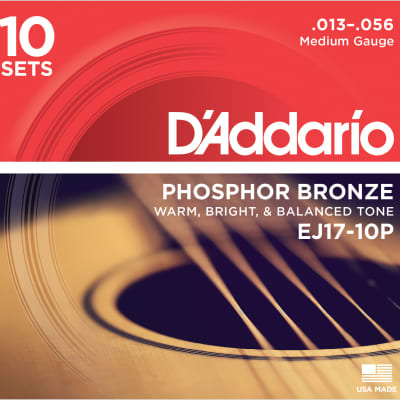 10 Pack D'Addario EJ17-10P Phosphor Bronze Acoustic Guitar Strings Medium 13-56 10 Sets