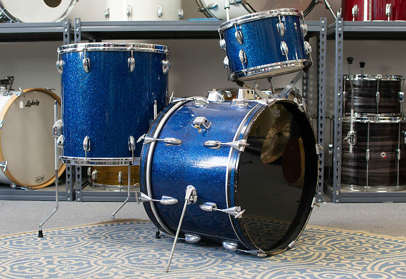 1962 Slingerland Sparkling Blue Pearl 14x20 8x12 and 16x16 Drum Kit image 1