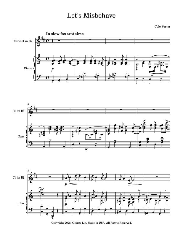 Solo Bb Clarinet Sheet Music - Let's Misbehave (Cole Porter). | Reverb