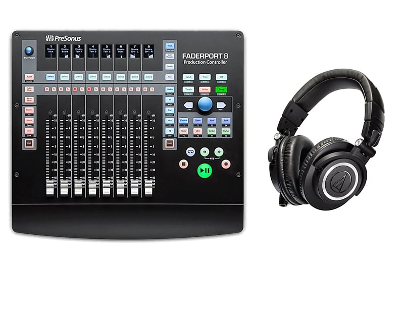 PreSonus Faderport 8 - Mix Production Controller. With Audio-Technica ATH-M50x Monitor Headphones (Black) image 1