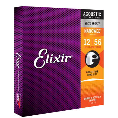 Elixir 11077 Nanoweb 80/20 Bronze Light Medium Acoustic Guitar Strings 12-56 image 4