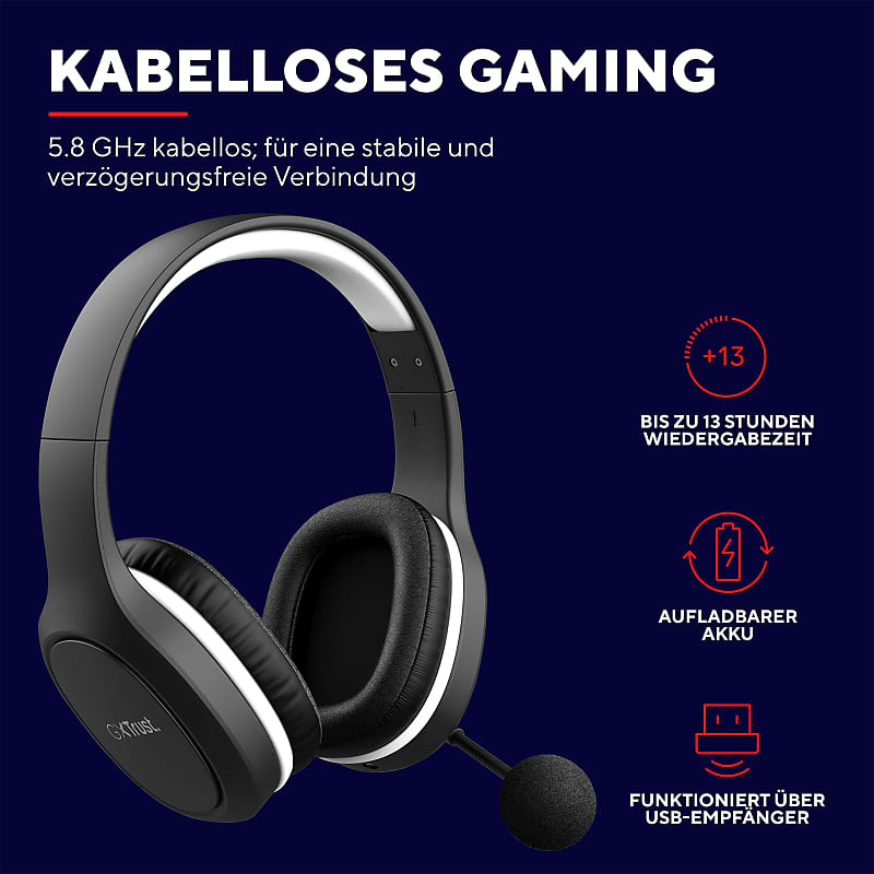 Trust Gaming GXT 391 - Black with USB Thian and Dongle, for Lightweight Wireless Ghz, 5.8 Gaming Headset Sustainable Microphone Reverb Over Headphones PS5, Ear, Multi-Platform, | Wireless Rechargeable, PS4 PC