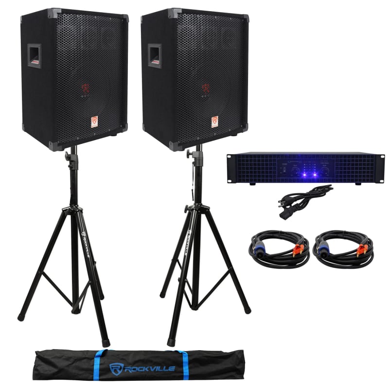 2 altavoces Rockville RSG12.4 12 1000w DJ+amplificador RPA5 1000w +  soportes+cables + bolsa