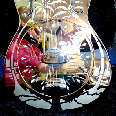 National Reso-Phonic Style O GERMAN SILVER 14 Fret 2024 Mirror Nickel with Deco Palm Tree Design image 7