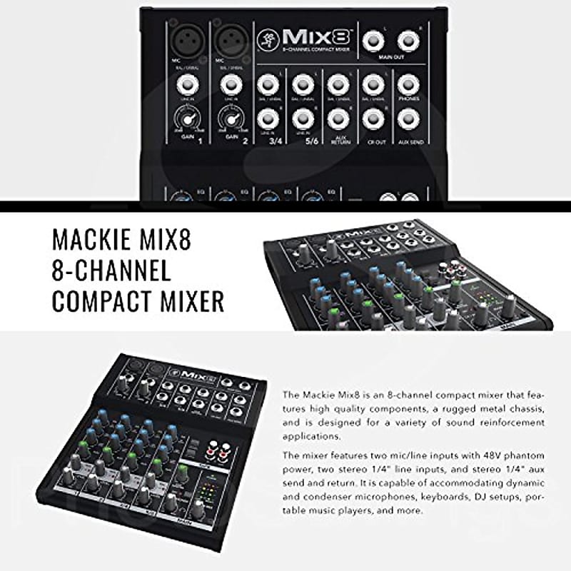 Mackie Mix Series Mix8 8-Channel Compact Mixer and Platinum Bundle with  Dynamic Microphone + Desktop Studio Mic Stand + Headphones + More