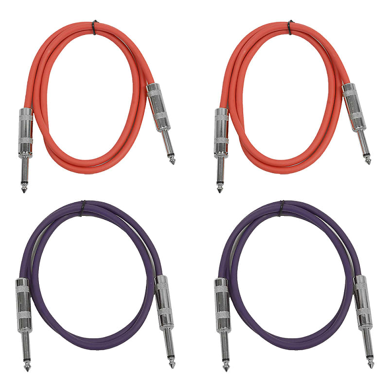 4 Pack of 2 Foot 1/4" TS Patch Cables 2' Extension Cords Jumper - Red & Purple image 1