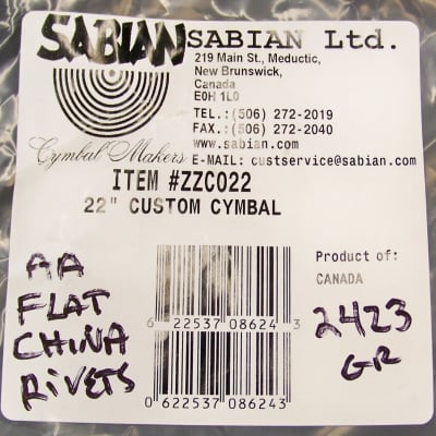 Sabian Prototype AA 22" China Cymbal w-Rivets/Brand New-Warranty/2423 Grams/RARE image 3